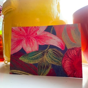 uvre d'art au stylo plume fleurs colorées - Carte chaleureuse et respectueuse de l'environnement - Illustration sincère - Carte postale durable dessinée à la main - Verts non pulvérisés