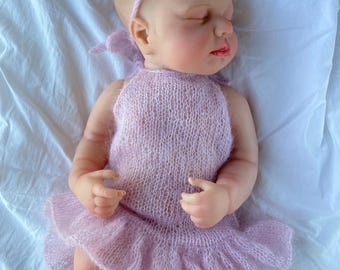 Set van mohair-zijde gebreide newborn romper: ruches, babyfotorekwisiet