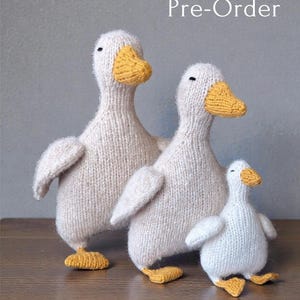 May include: Three knitted duck toys in varying sizes. The ducks are primarily off-white with yellow beaks and feet. The text "Pre-Order" is displayed in white at the top of the image. The ducks are standing on a wooden surface.