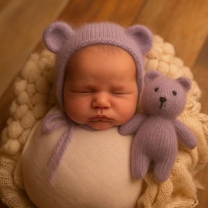 Newborn Teddy Bear Hat & Toy Set: Hand-Knitted Angora Wool Photo Prop