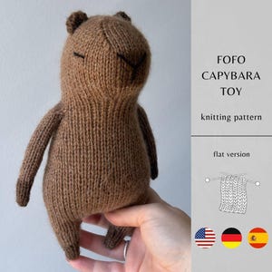 May include: A brown knitted capybara toy with small ears and embroidered eyes and nose. The text FOFO CAPYBARA TOY knitting pattern flat version is visible alongside a line drawing of a knitted square and three circular national flag icons.
