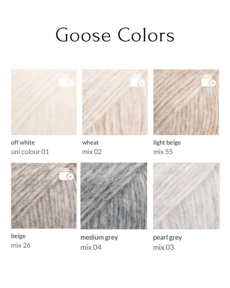 May include: Image of six yarn color swatches labeled "Goose Colors." Colors include off-white, wheat, light beige, beige, medium grey, and pearl grey. Each swatch has a corresponding mix number. The text "Goose Colors" is at the top.