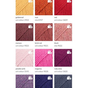 May include: A color chart titled "Sweater Colors" displays yarn samples in various hues. Colors include goldenrod, rust, red, maroon, brick red, blush, powder pink, magenta, ruby wine, purple, navy blue, and blue indigo.