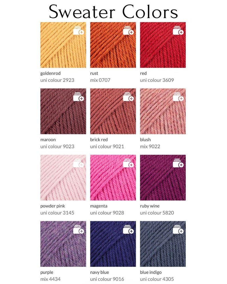 May include: A color chart titled "Sweater Colors" displays yarn samples in various hues. Colors include goldenrod, rust, red, maroon, brick red, blush, powder pink, magenta, ruby wine, purple, navy blue, and blue indigo.