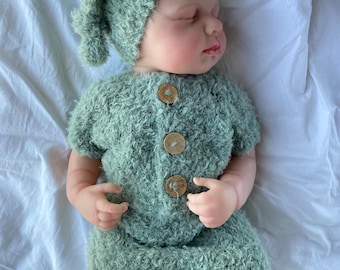 Handgebreide set babyromper en muts van alpaca-kasjmier - fotorekwisiet pasgeboren