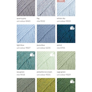 May include: A color chart titled "Sweater Colors" displays various yarn colors. Colors include quarry grey, fog, winter sky, light blue, jeans blue, petrol, sea green, pistachio ice cream, sage green, khaki, olive, and dark ivy. Each color is labeled with a name and a unique code.