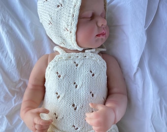 Handgebreide outfit voor pasgeboren fotorekwisieten – kies romper of muts – Lily-collectie – op bestelling gebreide babyset