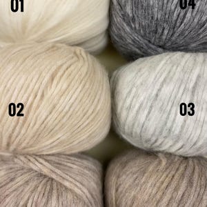 May include: Close-up of six skeins of yarn in various neutral colors. The yarn is labeled with numbers: 01, 02, 03, 04, 26, and 55. The colors range from off-white to light gray and beige. The yarn appears soft and fluffy.