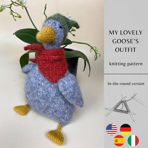 May include: A hand-knitted grey goose toy wearing a green hat and a red scarf, with yellow feet and a yellow beak. The text reads MY LOVELY GOOSE'S OUTFIT, knitting pattern, In-the-round version, accompanied by a line drawing of knitting needles.