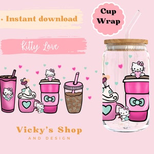 Pink Kitty Love 16 oz cup wrap, sublimation png, cup wrap. 16 oz glass wrap, trendy sublimation design, glass can. Coffee lovers
