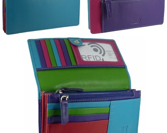Multicolour Real Leather Flapover Purse - 10 Card Slots RFID Gift