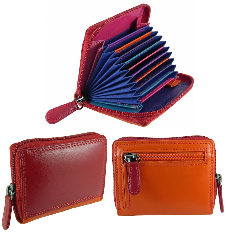 May include: A collection of colorful leather wallets in shades of red and orange. One wallet is open, revealing multiple card slots in various colors. The wallets have zippered closures and matching leather zipper pulls. The overall design is compact and stylish.