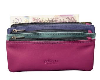 Wide Real Leather Coin Purse - Holds Notes Full Length No Folding