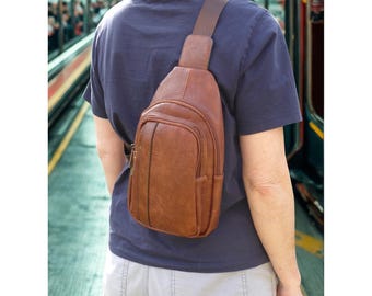 Vegan Leather Crossbody Sling Bag - 4 Zip Pockets Tapered Shape