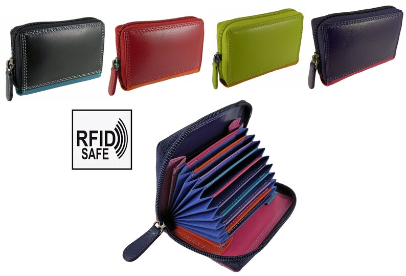 May include: A collection of colorful, zippered card wallets in black, red, green, and purple. The wallets have a contrasting trim and a zipper closure. One wallet is open, revealing multiple card slots. The image includes an "RFID SAFE" logo.