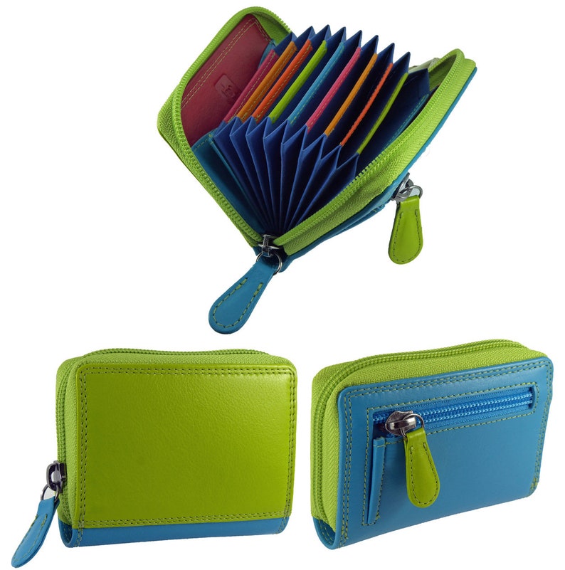 May include: A colorful leather wallet with a zip-around closure. The wallet features a vibrant combination of green, blue, and pink. Inside, multiple card slots are visible, showcasing a rainbow of colors. The wallet has a matching blue zipper pull.
