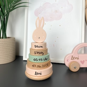 Presente de nascimento, presente de nascimento, presente de bebê personalizado, torre de empilhamento de coelho personalizado
