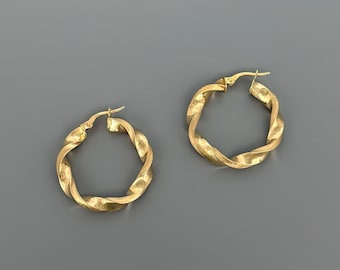 Gold Creolen Twisted Ø 28mm / Ohrhänger in 14 Karat Gelbgold / Ohrringe in 585 Gold diamantiert /Vintage Goldschmuck