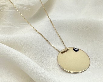 Necklace / chain + pendant engraving plate round in 585/14k yellow gold (Nazar /eye)