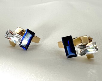 Vintage pair of ear studs 585 yellow gold/ 14 carat earrings with synthetic sapphire and zirconia