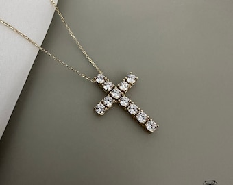 Necklace in gold / chain + cross pendant with zirconia in 585 yellow gold / cross chain in 14 carat gold with zirconia