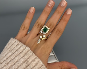 Smaragd-Ring in 585 Gold mit Brillanten / 14 Karat Vintage Goldring (bicolor) mit Diamanten und Smaragd