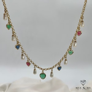 925 silver chain gold-plated with colored zirconia stones in the shape of a heart and synth pearls in the shape of a drop