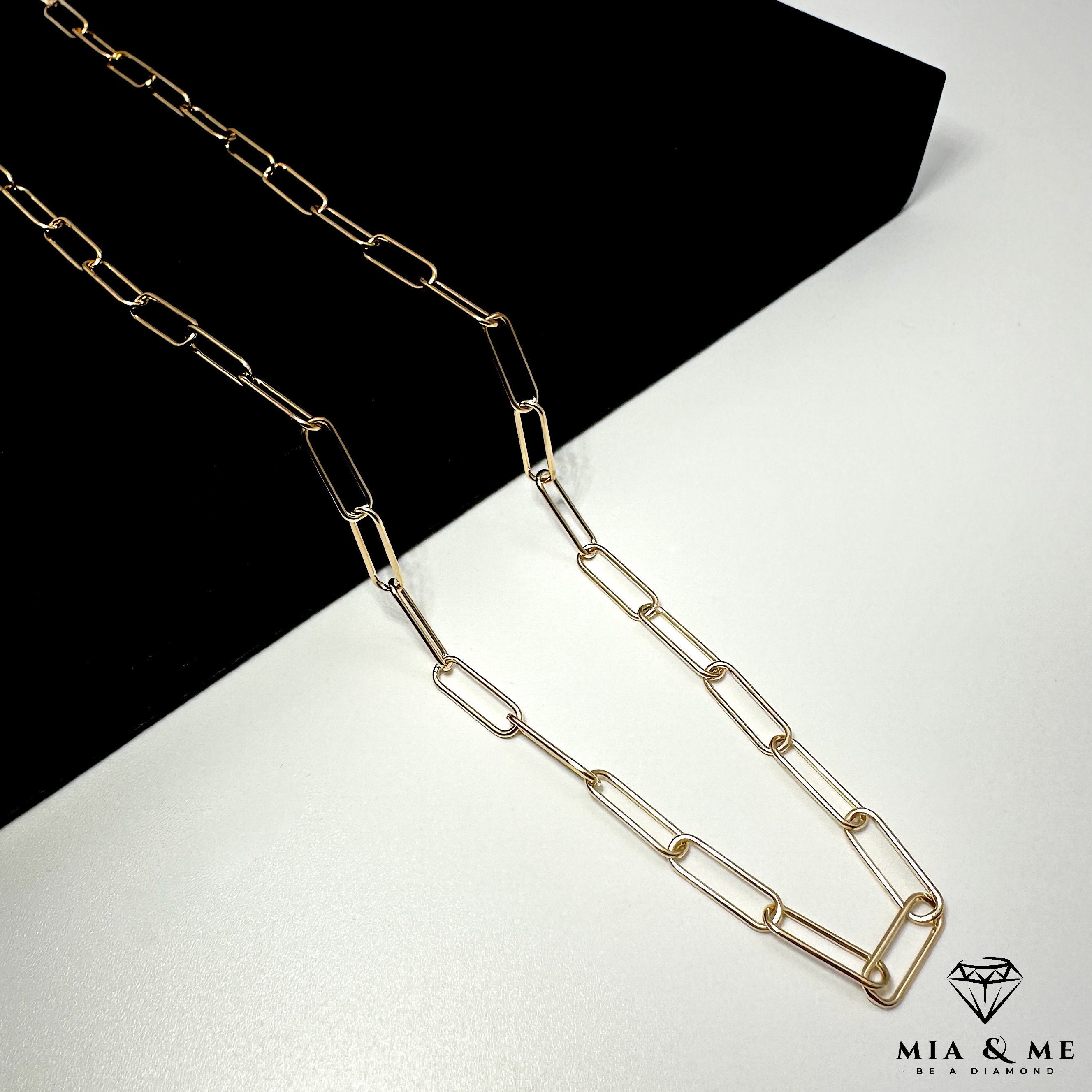 Paperclip Chain 14k Solid Gold Necklace, Rectangle Long Link Necklace, 4 Mm  Width, Oval Link Chain Necklace 