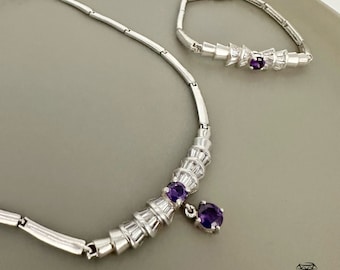 Parure de bijoux vintage pour femme en argent 925 avec zircone et pierres d'améthyste violette (bracelet et collier)