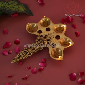 Hand Crafted Brass Indian Pancha Aarti Diya for worship or Gift on any occasions, Pure Brass five face deepak diya for Hindu occasions.