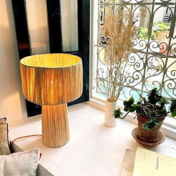 Handwoven Raffia Table Lamp: Natural Warmth & Moroccan Charm