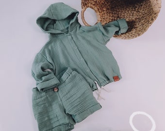 oversize Baby Kinder Musselin Dunkel Mint Sommer Jacke mit Kapuze neutral altuhandmade.com