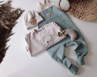 Elastische Baumwolle Cord Latzhose Mitwachshose für Baby Kleinkinder Turquoise Blau Baby neutral outfit Basic Geschenk für Baby Handmade