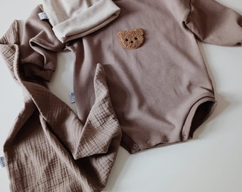 Waffeljersey Oversize Romper Baby Teddy Chenille Patch Taupe Pullover Body Unisex Neutral Baby outfit Handmade Baumwolle Organic