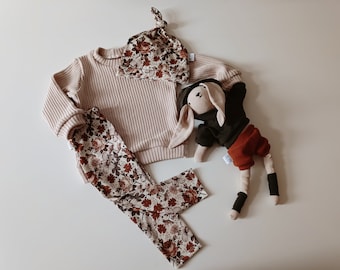 Vintage Blümen Baby Leggings Mädchen outfit Herbst Leggings Beige Brique Bio Jersey Hose Mädchen outfit Baby Geschenk Geknotete Mütze