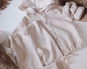 oversize Baby Kinder Musselin Leinen Sommer Jacke mit Kapuze Natur - Beige farbe neutral altuhandmade.com