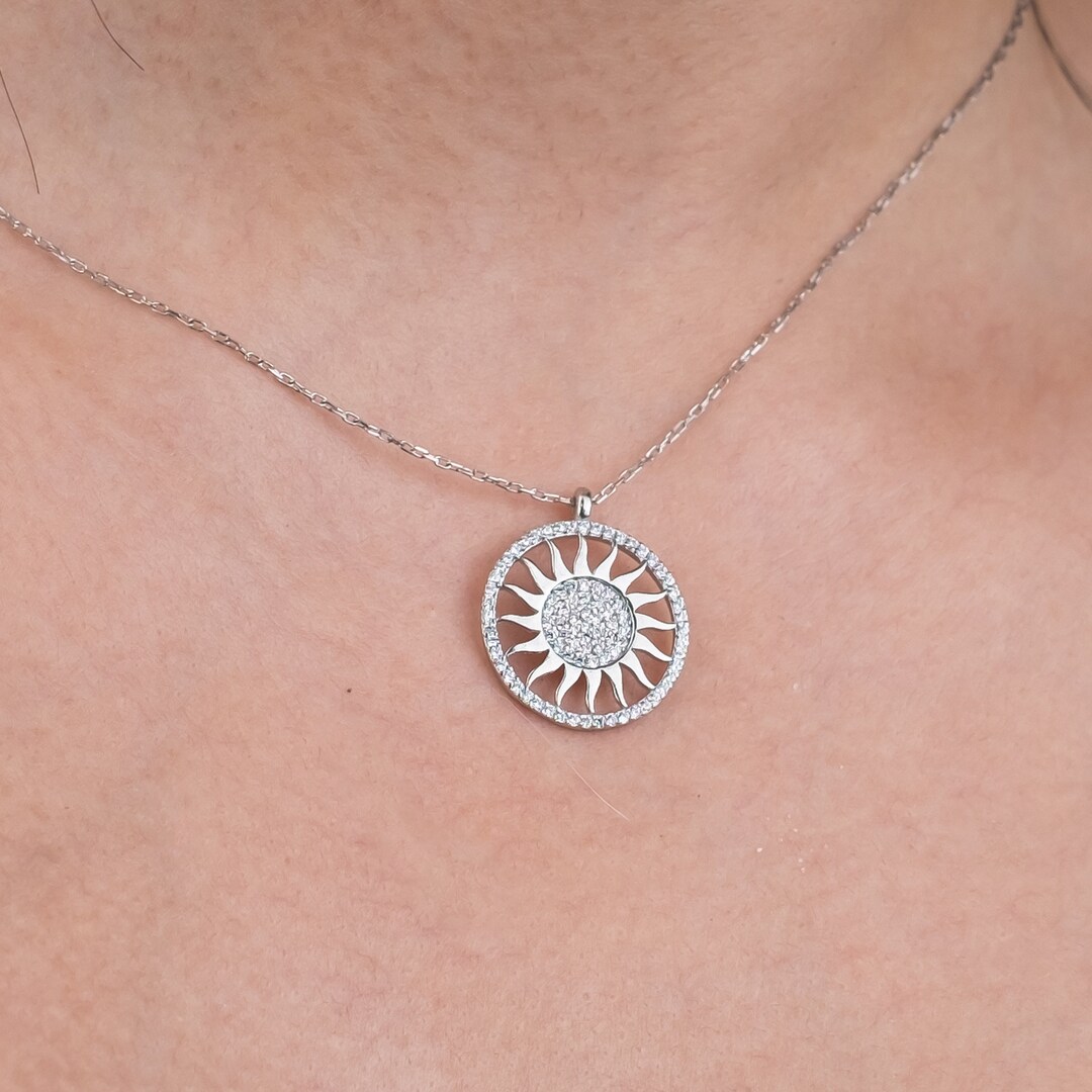 14K Gold Diamond Sun Necklace Gold Sun Necklace Zircon Stone Etsy