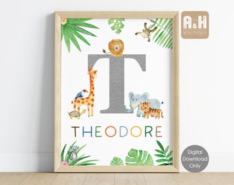 Personalised Safari Nursery Wall Art Initial Print Custom Name Poster Baby Boys Girls Bedroom Decor Kids Playroom Watercolor Animals Jungle