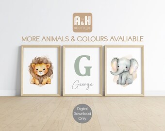 Personalized Safari Animals Nursery Wall Art Prints Initial Custom Name Sign Jungle Set of 3 Poster Decor Baby Boy Girl Lion Tiger Elephant