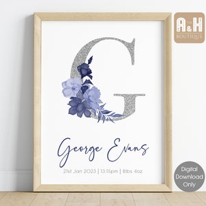 Personalizado azul marino floral vivero pared arte impresión personalizada nombre inicial fecha de nacimiento cartel flor decoración bebé niños niñas acuarela regalo