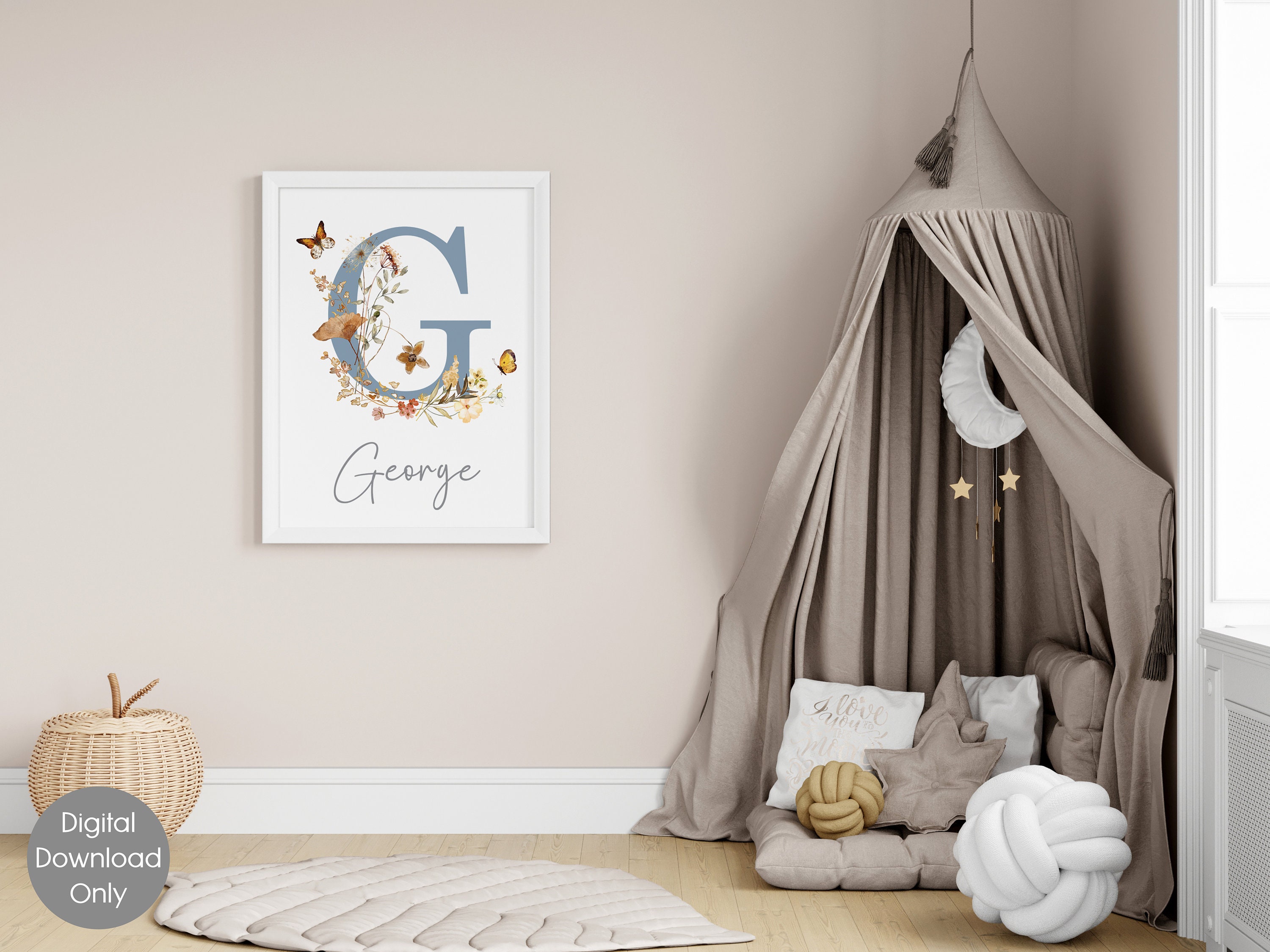 Personalised Wildflowers Initial Print Nursery Wall Art Custom Name ...