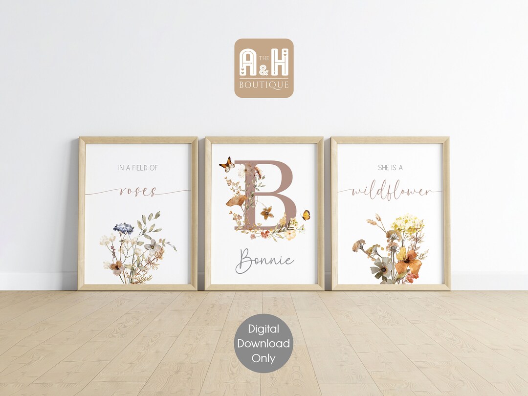 Custom Initial Wildflowers Prints Set X3 Floral Baby Girl Nursery Wall ...