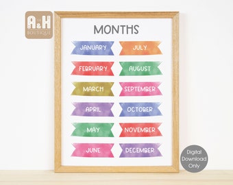Months of the Year Educational Poster Printable Wall Art Learning Classroom Decor Kids Homeschool Kindergarten Montessori Digital Download