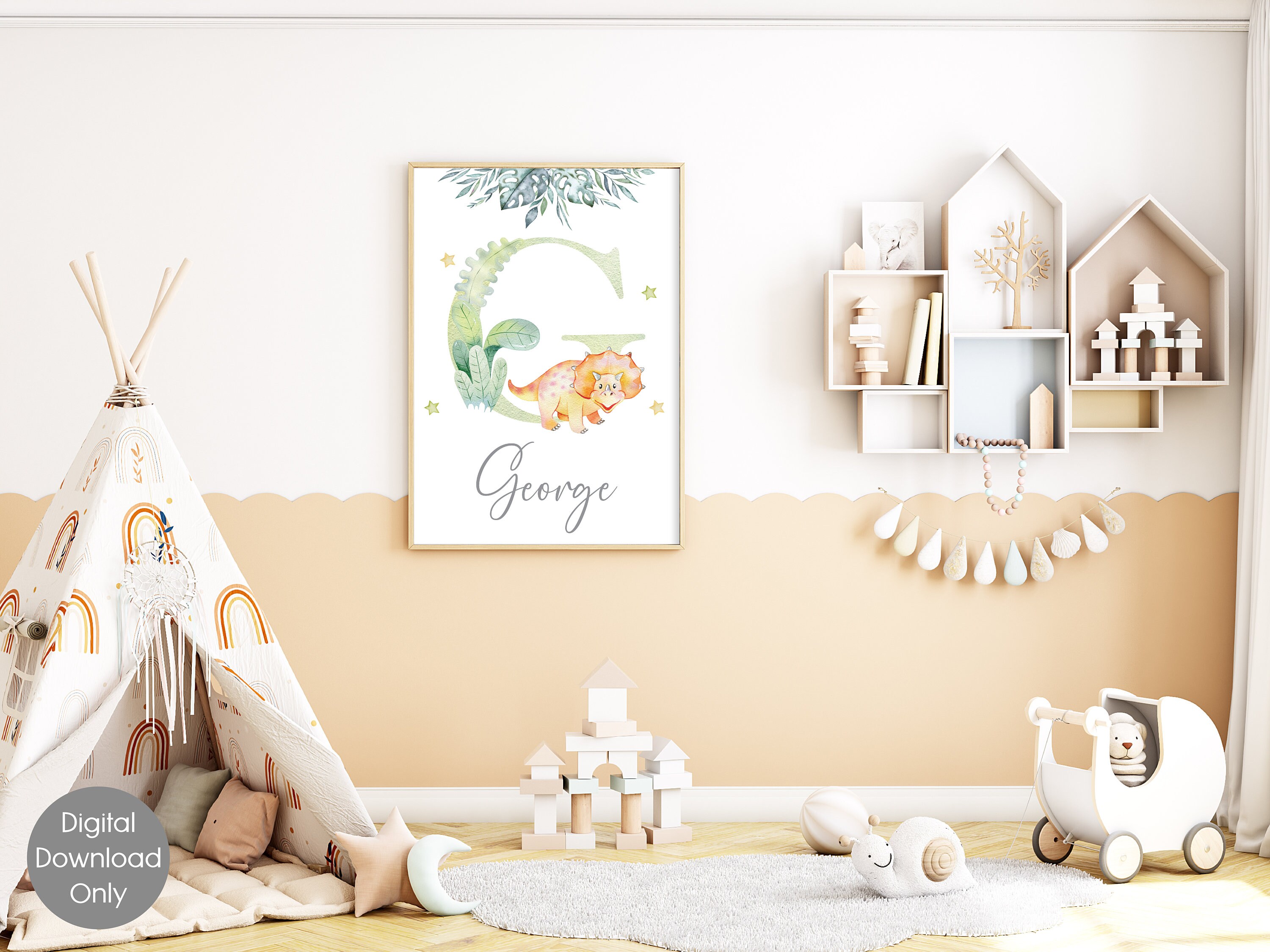 Personalised Dinosaur Nursery Wall Art Initial Print Kids Custom Name ...