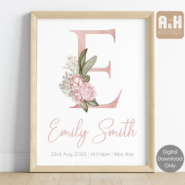 Personalised Pink Floral Nursery Wall Art Print Decor Custom Initial Name Poster Baby Girls Bedroom Flower Botanical Date of Birth Gift