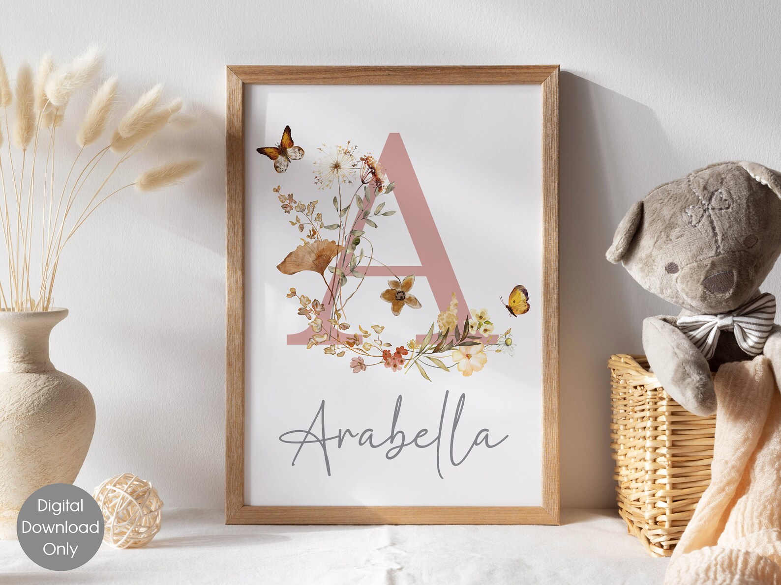 Personalised Wildflowers Initial Print Nursery Wall Art Custom Name ...