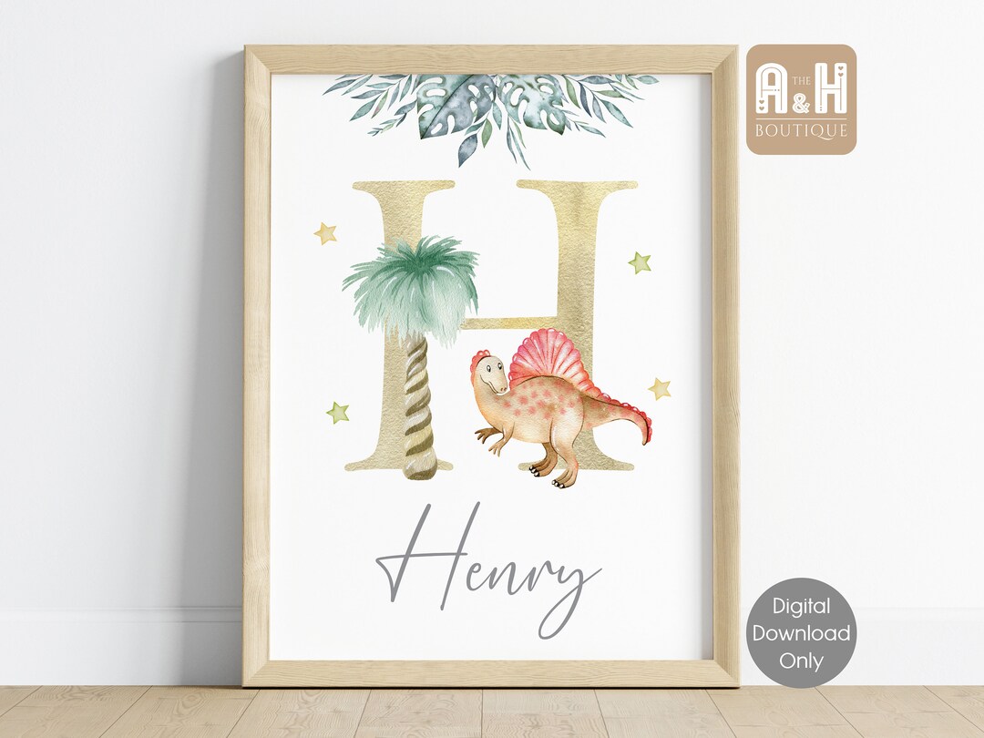 Personalised Dinosaur Nursery Wall Art Initial Print Kids Custom Name ...