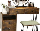 Left or Right Side Cabinet, 2 Large Drawers, Lipstick Storage Box, Bedroom Makeup Vanity Dressing Table with Cushioned Stool, Rustic Brown