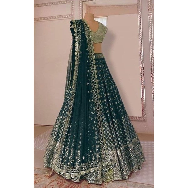 Green Wedding lehengcholi Sabyasachi lehenga for women Designer lehenga skirt Indian dress Bridal lehenga blouse Partywear lehenga Crop top