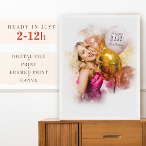 Retrato personalizado en acuarela, regalo de cumpleaños número 21 para ella, ideas de regalos para mejores amigas, retrato personalizado de una foto, regalo de amistad